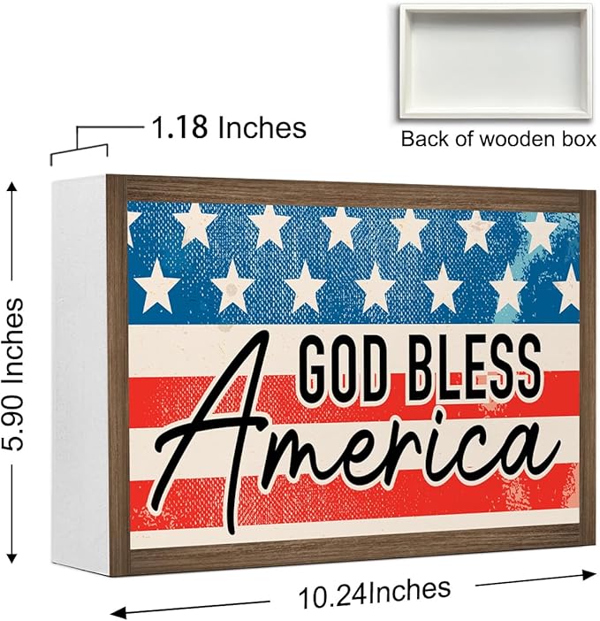 God Bless America Independence Day Wooden Box Sign Desk Decor,Patriotic Labor Day American Flag Wood Block Sign for Farmhouse Home Shelf Tabletop Wall Decor