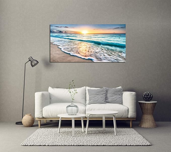 Baisuart S02262 Canvas Prints Wall Art Beach Sunset Ocean Waves Nature Pictures Stretched Canvas Wooden Framed for living Room Bedroom and Office