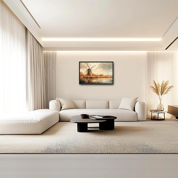 Landscape Framed Wall Art for Living Room, Large Holland Windmill Canvas Wall Decor, Country Farmhouse Pictures Painting, Modern Artwork for Bathroom Bedroom 36L'' × 24W''