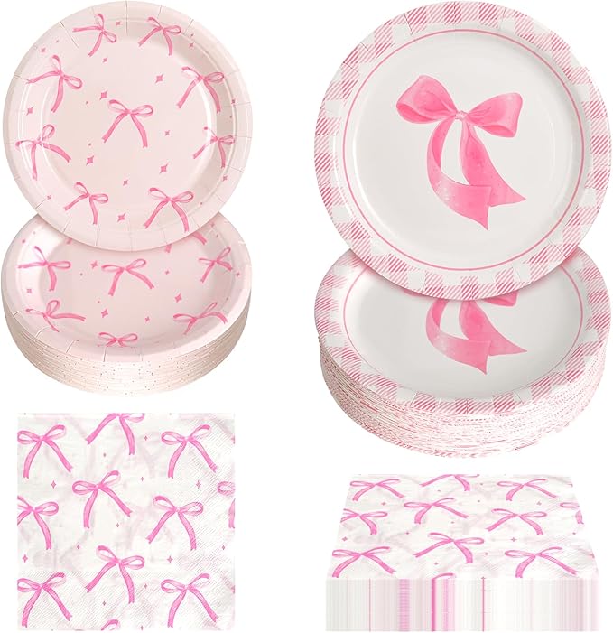 180Pcs Pink Bow Party Supplies Paper Plates and Napkins Serve 60 Disposable Tableware Set for Birthday Party Decorations Game Day Family School Holiday Sports Events