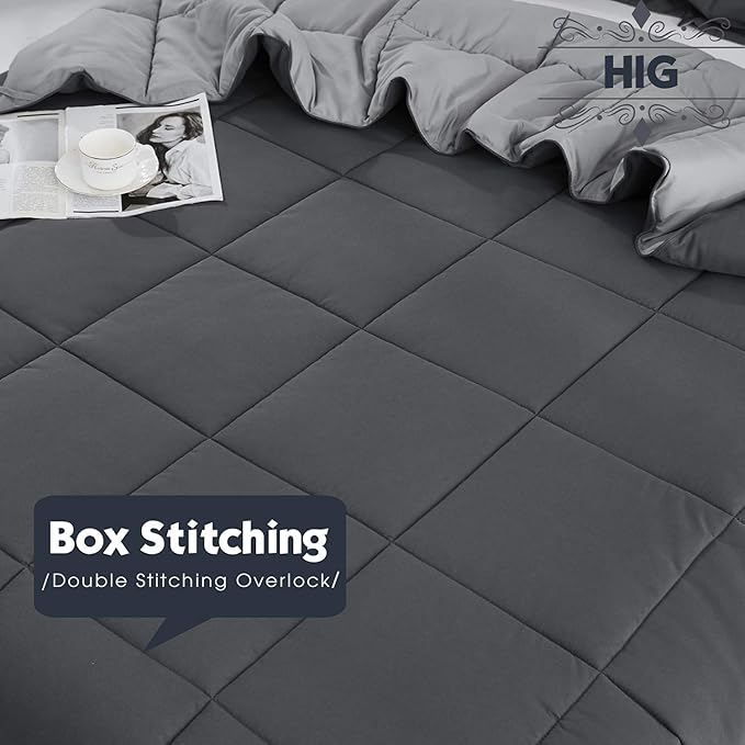 HIG 3pc Grey King Size Comforter Set - All Season Reversible Down Alternative Comforter with Two Shams - Quilted Duvet Insert with Corner Tabs - Box Stitched Blanket - Breathable, Soft