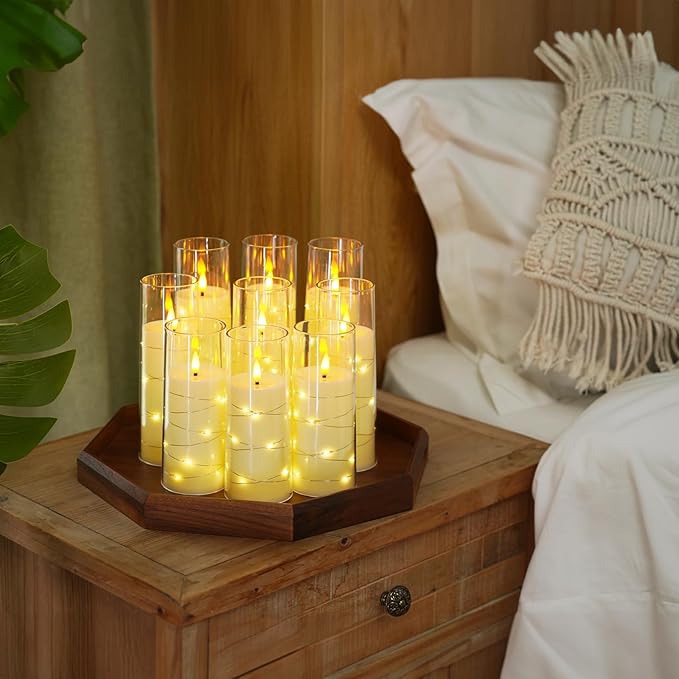 Raycare Flameless LED Candles with Embedded Star String, 9 Pcs Battery Operated Acrylic Pillar Candle with Timer and Remote, Flickering Candles for Romantic Ambiance and Home Decoration (Ivory)