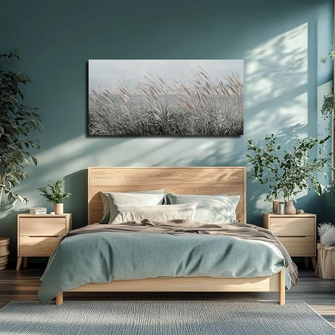 GAIDUOMAI Nature Wall Art Decor Vintage Reed Grass Painting Canvas Plant Pictures Sea Artwork for Bedroom Dining Room 24x48 Inch Living Room Poster
