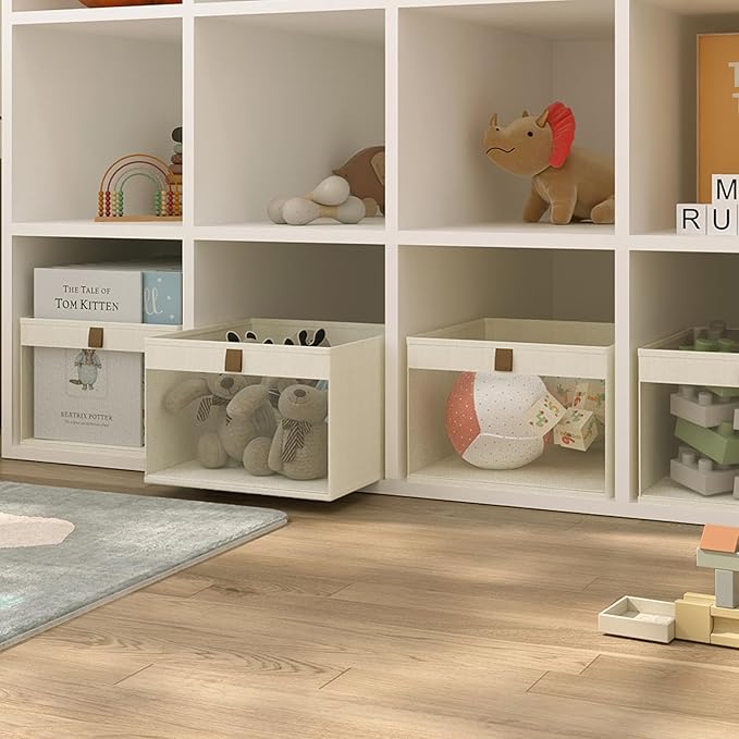 Linen Closet Organizers and Storage, Closet Storage Bins Basket Organizer, Foldable Organization Baskets with Mesh Window for Clothes Towels and Toys, 10.75" x 10.75" x 7.5", Beige, 4 pack