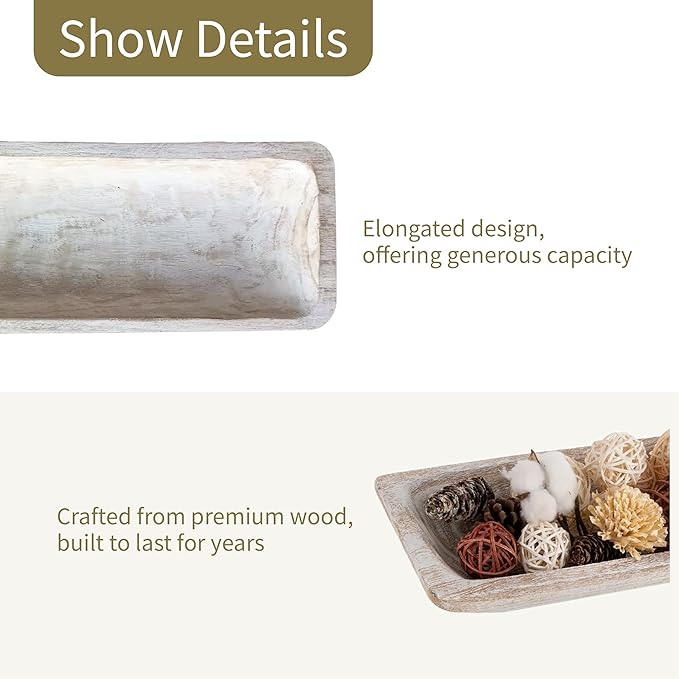 Wooden Dough Bowl Decor, Key Decorative Centerpiece Bowl, Hand Carved Baguette Bowl, Home Decor for Dining Table Center, Living Room, Kitchen (L20*W6.7*H2 inches) Rectangle-White