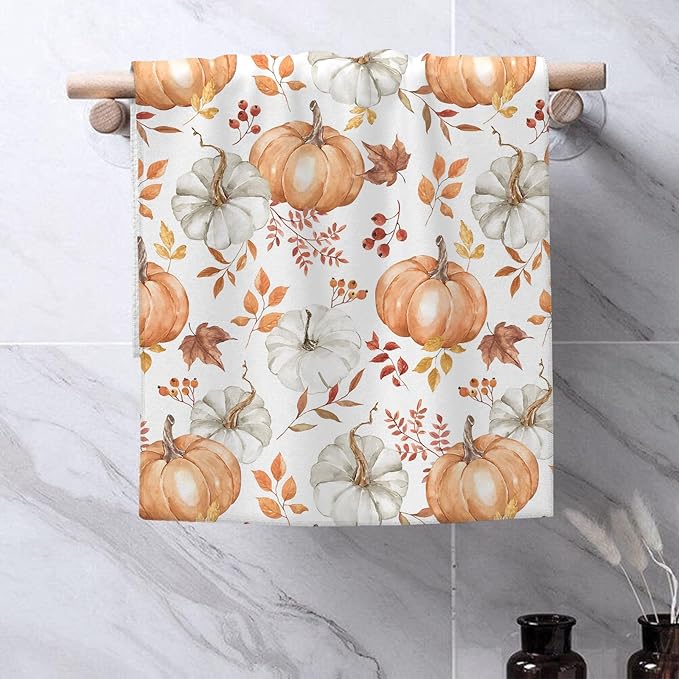 Fall Kitchen Towels 16x24 Inch Burnt Orange Pumpkin Leaves Decor Dish Towels Autumn Harvest Thanksgiving Seasonal Decoration Hand Towel Absorbent Dish Cloths for Home Kitchen Dining Set of 2