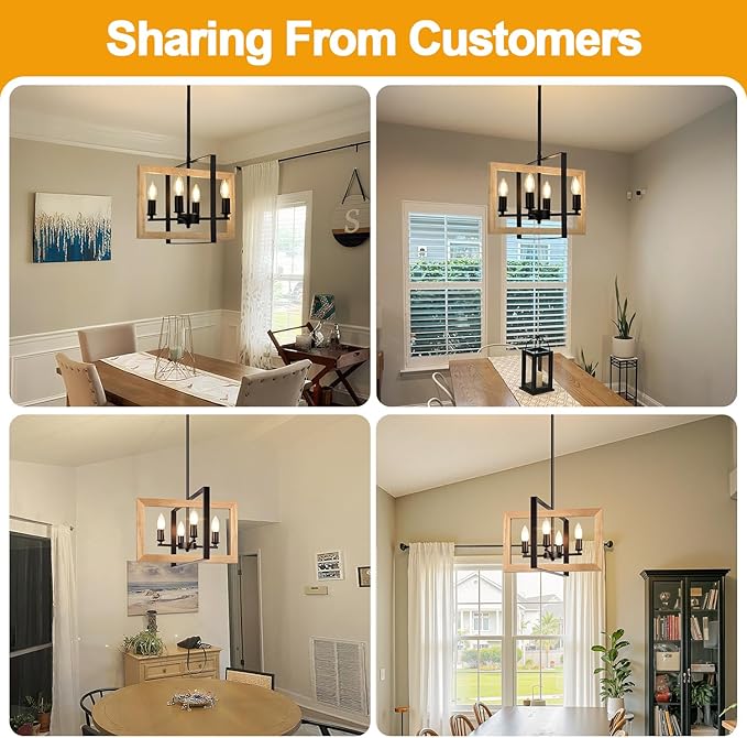 17" Farmhouse Natural Wood Chandelier, (4-Light, 17-Inch), Rustic Dining Room Light Fixtures Over Table, Adjustable Hanging Light Fixture for Kitchen, Living Room, Foyer, Entryway