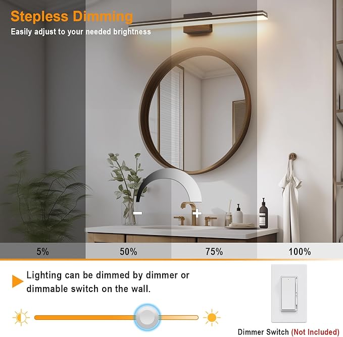 SineRise LED Modern Bathroom Vanity Light Fixtures (40-Inch, 3000K/4000K/6000K, Dimmable), Brown Wood Painted Modern Acrylic Bathroom Wall Lighting Fixtures Over Mirror
