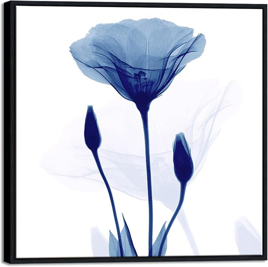 Pyradecor Large Black Framed Canvas Wall Art Abstract Blue Flickering Flower Modern Grace Floral Pictures Paintings Artwork for Bedroom Office Home Decorations