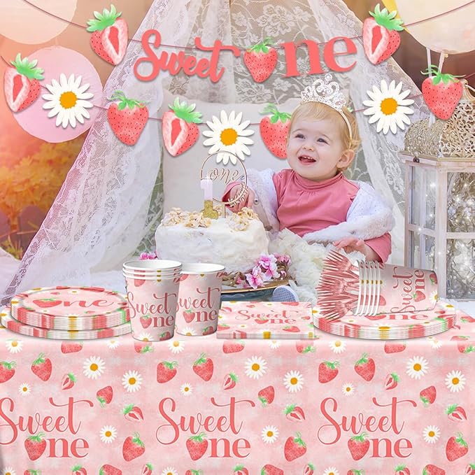 Strawberry 1st Birthday Party Decorations for Girls - Sweet One 1st Birthday Tableware Including Plates,Napkins,Tablecloths Summer Fruit Table Decorations for Berry First Party Supplies