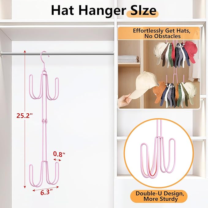 Hat Hangers for Closet, Stainless Steel Hat Organizer, Hat Racks for Baseball Caps, Cap Organizer for Baseball Caps, 1 Pack, Pink