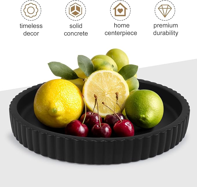 Round Decorative Tray for Coffee Table Decor-Modern Home Decor Tray-Concrete Coffee Table Serving Tray-Centerpiece Table Tray-Ottoman,Vanity, Bathroom, Kitchen,Dresser (Black)