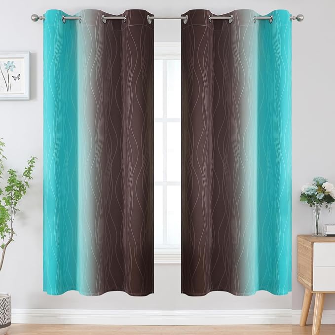 Estelar Textiler Brown and Teal Ombre Blackout Curtains 72 Inches Length for Bedroom, Thermal Insulated Light Blocking Grommet Gradient Blackout Drapes for Living Room, 42Wx72L, 2 Panels