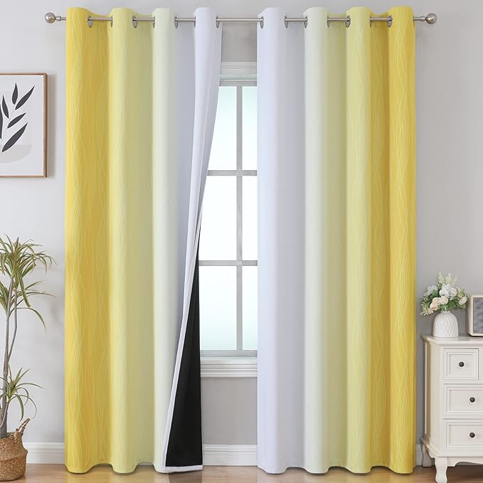 Estelar Textiler Yellow and Greyish White Gradient Blackout Curtains, Thermal Insulated Ombre Blackout Drapes for Bedroom, Room Darkening Energy Saving Curtains for Living Room, 52Wx84L, 2 Panels