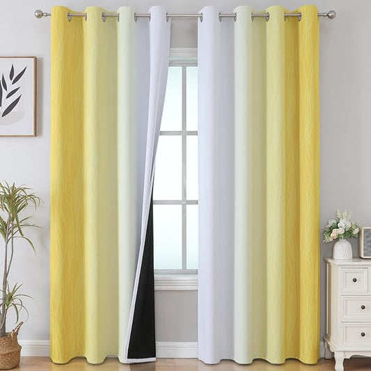 Estelar Textiler Ombre Yellow and Greyish White Blackout Curtains 96 Inches Long for Sliding Door, Gradient Thermal Insulated Full Light Blocking Grommet Blackout Drapes for Bedroom, 52Wx96L, 2 Panels