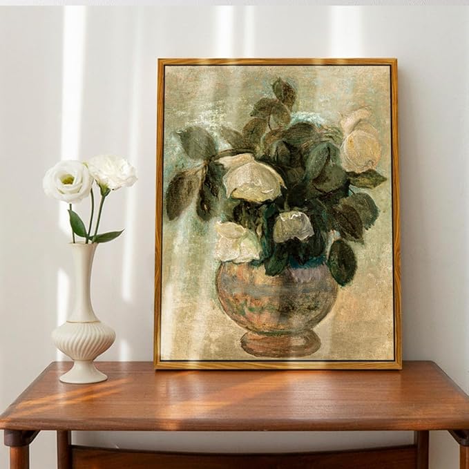 crmotu Vintage Framed Wall Art, White Rose Classical Oil Paintings, Botanical Floral Canvas Prints, French Country Aesthetic Pictures Wall Decor Living Room Bedroom Kitchen Office Farmhouse 12x16in
