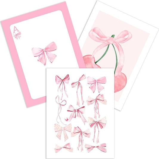 WRFON Trendy Pink Bows Canvas Wall Art, Vintage Preppy Cherry Poster Prints, Pink Watercolor Bows Wall Decor, Coquette Girly Room Aesthetic Pictures for College Apartment Bedroom Unframed 12"x16"x3