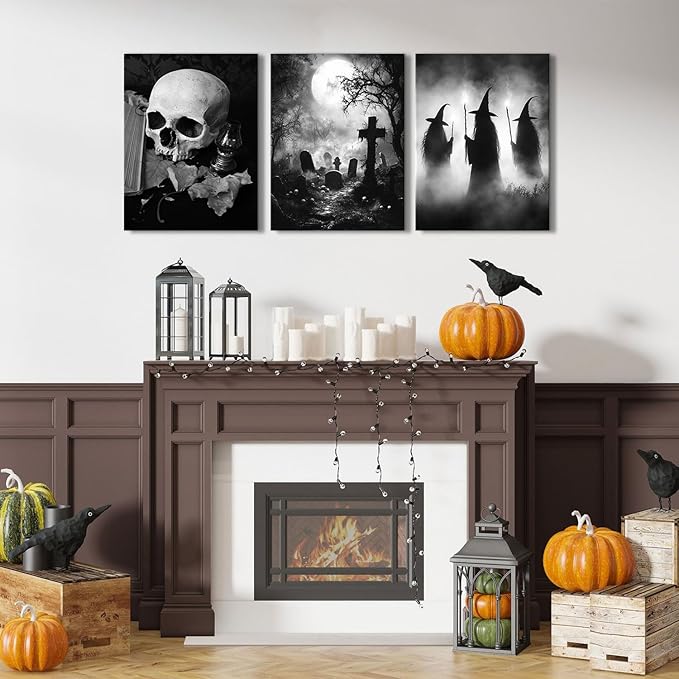 Halloween Wall Art Skull Wall Decor Creepy Witches Tomb Pictures Canvas Prints for Bedroom Living Room Decorations Vintage Gothic Wall Decor Dark Academia Paintings Spooky Posters Artwork 12x16” 3Pcs