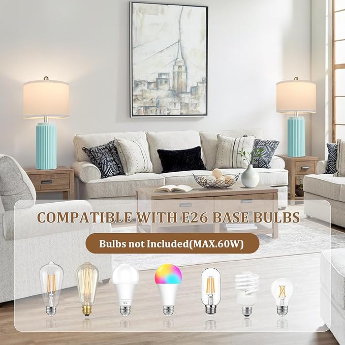 23.5’’ Light Green Coastal Table Lamps for Bedroom Set of 2, Modern Ceramic Nightstand Lamps for Living Room, Elegant Bedside Lamps with White Line Shade Set for Reading, Farmhouse Side Table Lamps