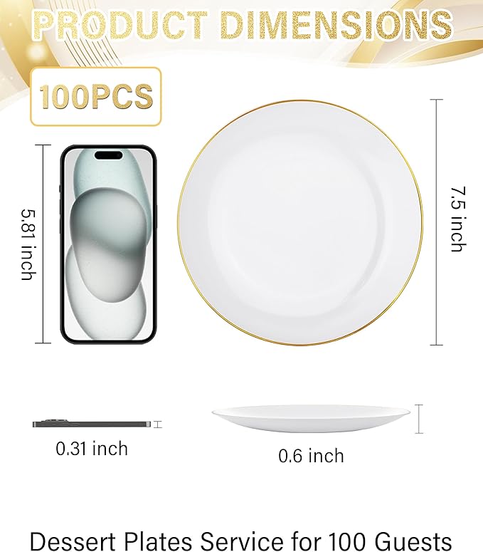 Nervure 100Pieces White with Gold Rim Plastic Plates - 7.5inch Disposable Gold Salad/Dessert Plate - White and Gold Plastic Plates Ideal for Wedding & Party & Thanksgiving
