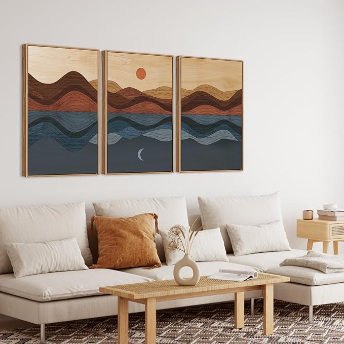 CHDITB Coastal Sunset Framed Canvas Wall Art Set, Nature Inspired Wall Decor, Mountain and Sea Artwork Spiritual Painting, Vintage Art Prints for Living Room, Bedroom, Office 24"x36"x3