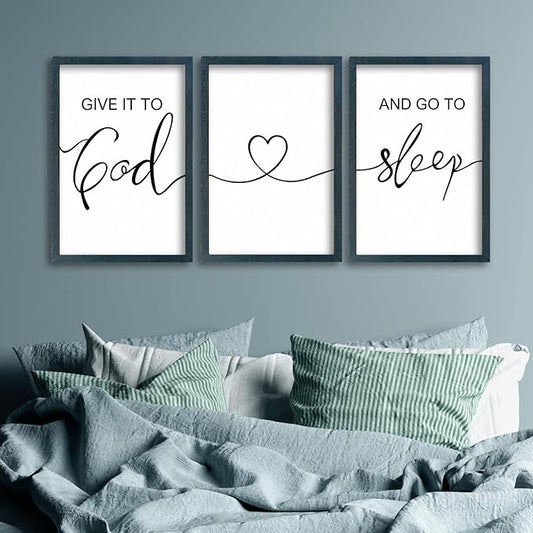 SRSZHIYUE Give It To God And Go to Sleep Set of 3 Wall Decor 16"x11" for Master Bedroom Above Bed Sign Guest Room Decoration (Black)