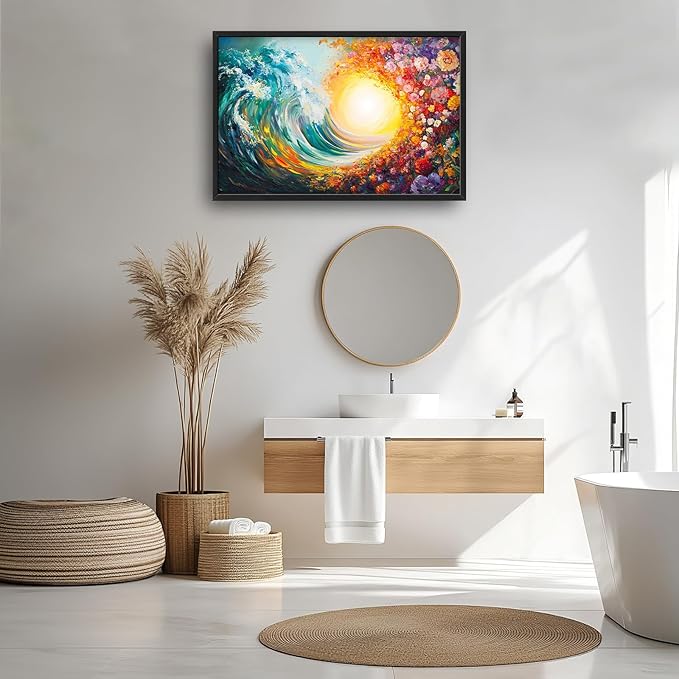 Ocean Framed Wall Art for Living Room, Large Waves with Flowers Canvas Wall Decor, Vintage Beach Pictures Painting, Modern Landscape Artwork for Bathroom Bedroom 36L'' × 24W''