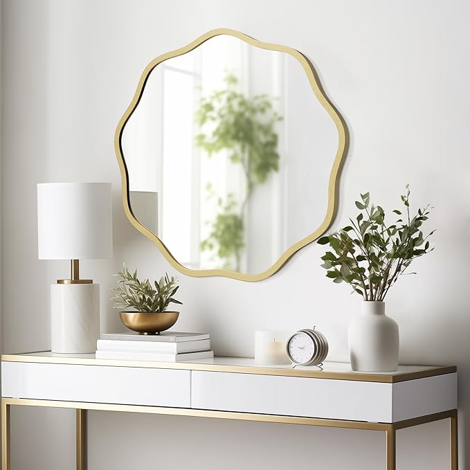 WallBeyond Round Wavy Mirror for Wall Decorative 20 inch, Modern Round Mirror Aluminum Frame for Bathroom Bedroom Living Room Home House Office Entryway, Gold