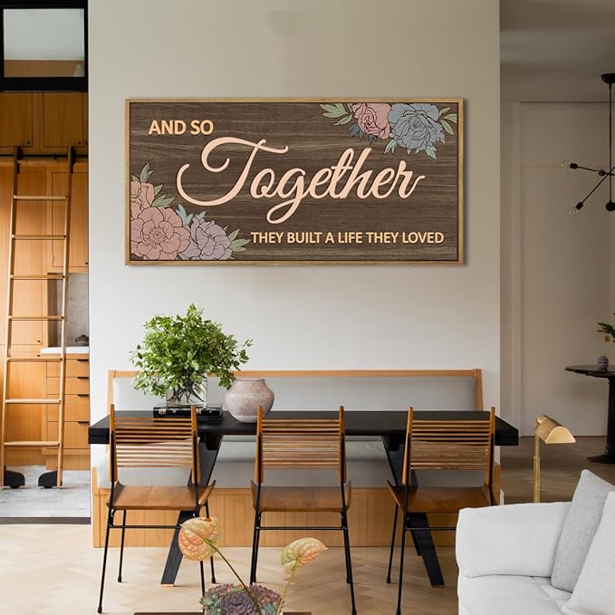 ANHUIB Large 3D Quote Wood Wall Art 20x40 Inch Framed Brown Wooden Signs Home Decor They Built a Life They Loved Inspirational Artwork Floral Wall Art for Living Room Bedroom Office