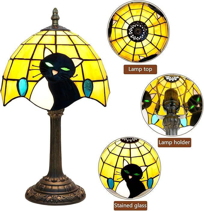 Small Tiffany Lamp Stained Glass Table Lamp Elegant Cute Retro Vintage Style White Black Cat Bedside Night Lamp for Nightstand Bedroom Home Decor Kitchen Counter Antique Living Room Office Fun Lamps