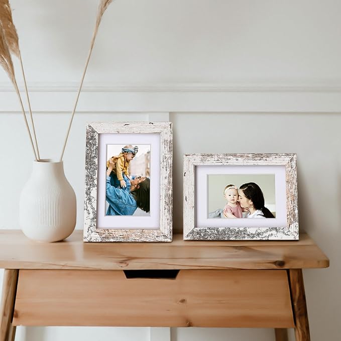 Egofine 4x6 Picture Frames Set of 4, Made of Solid Wood Covered by Plexiglass 3.5x5 with Mat or 4x6 without Mat, for Table Top Display and Wall Mounting Photo Frame Rustic White