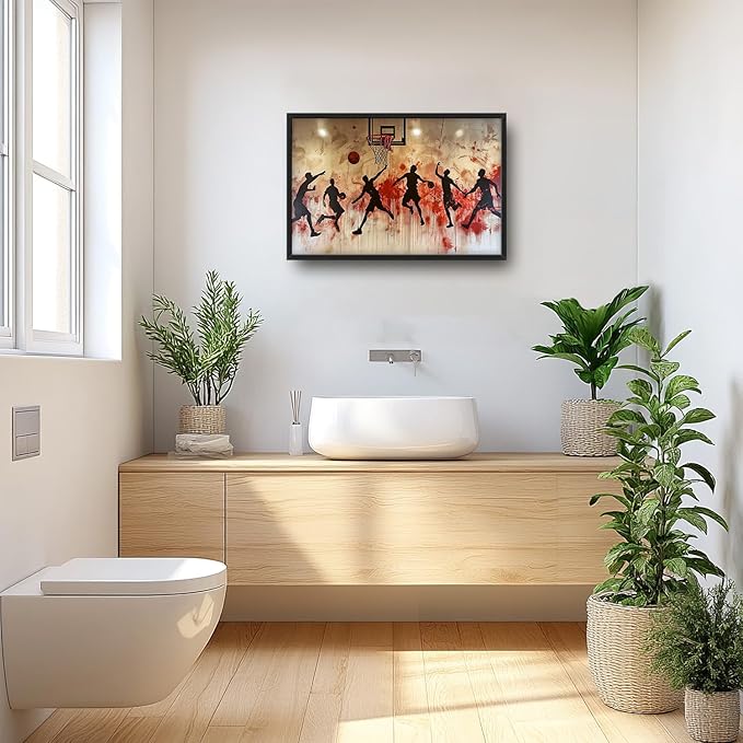 Flintis Large Basketball Sports Framed Wall Art Basketball Players Pictures Wall Decor Abstract Graffiti Canvas Painting Print Artworks Framed for Living Room Bathroom Master Bedroom 36L X 24W