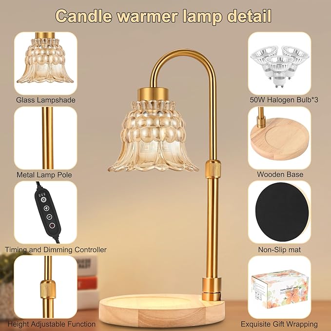 Candle Warmer Lamp with Timer & Dimmer, Adjustable Height Electric Candle Warmer with 3 Bulbs,Compatible with All Size Scented Candles, Wax Melt Warmer for Bedroom,Home Decor House Warming Gifts