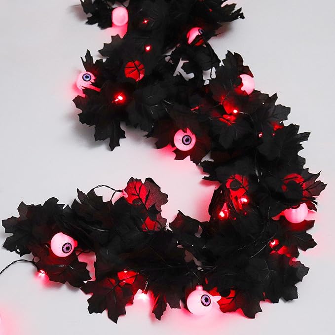 Black Garland with Red Eyes Lights Black Leaves Vine Fall Decor Artificial Autumn Garland Halloween Garlands for Indoor Outdoor Thanksgiving Home Fireplace Dinner Autumn Party(Red Eyes)