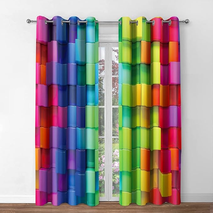 Jekeno Colorful Rainbow Blackout Curtains Colored 3D Looking Brick Block Contour Display Geometric Artisan Decor Home Bedroom Living Room Grommet Window Drapes 2 Panel Set, 52"x84"