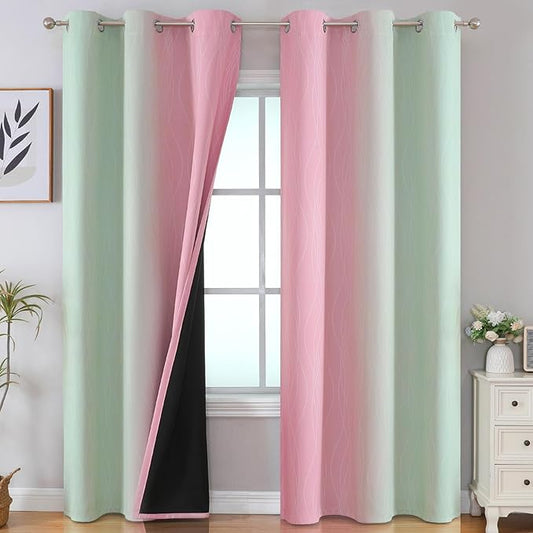 Estelar Textiler Sage Green and Pink Room Darkening Blackout Curtains 84 Inch Length 2 Panels Set for Living Room, Thermal Insulated Ombre Light Blocking Grommet Blackout Drapes for Bedroom, 42Wx84L
