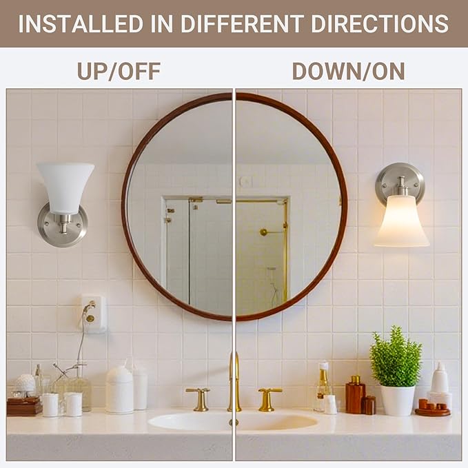 LOUSACE 2 Pack 1-Light Brushed Nickel Bathroom Lighting Fixtures Vintage Bathroom Vanity Lights with Opal White Glass, Set of 2 Single Vanity Wall Sconces for Side Mirror Cabinet Stairs Living Room