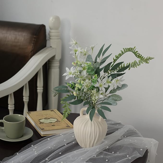 FOTEEWL 70 Pcs Artificial Greenery Stems Box Set,with 8 Kinds of Faux Plants and Fake Flowers for DIY Bridal Bouquets Wedding Floral Arrangement Table Centerpieces Decoration (Sage Green & White)