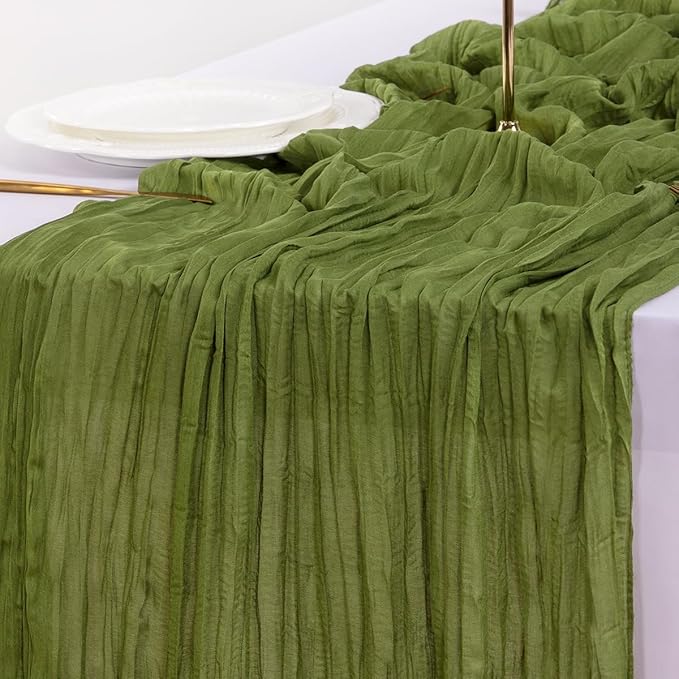 Socomi Olive Green Fall Thanksgiving Cheesecloth Table Runner Boho Rustic Gauze 120 inch 10FT Cheese Cloth Runner for Wedding Party Baby Shower Birthday Home Decor Holiday Decorations