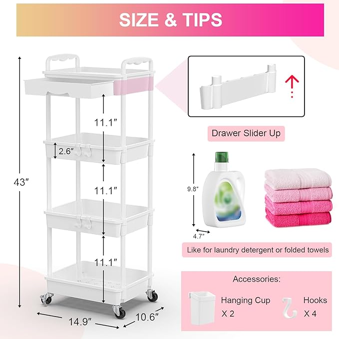 Goovilla 4 Tier Rolling Utility Cart Organizer with Removable Drawer, Stable and Sturdy White Rolling Storage Carts with 2 Lockable Wheels for Bathroom, Kitchen, Snack, Craft, Makeup, Baby Essentials