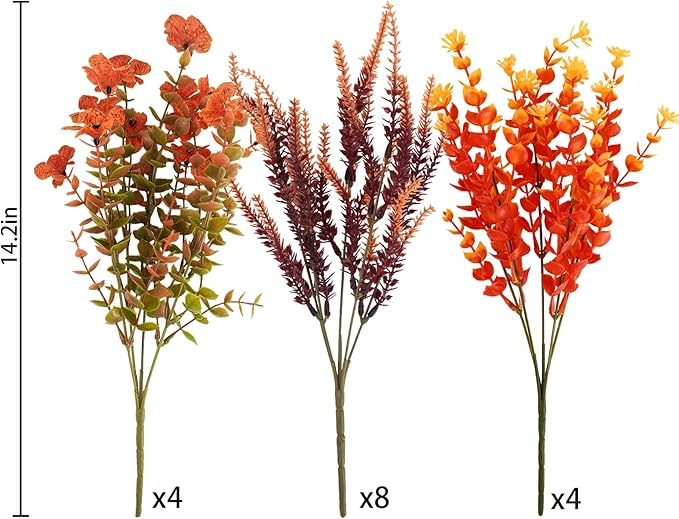 16PCS Artificial Fall Flowers Outdoor Faux Autumn Lavender Plants UV Resistant Fake Greenery Shrubs Fall Decorations for Thanksgiving Harvest Wedding Porch Window Box