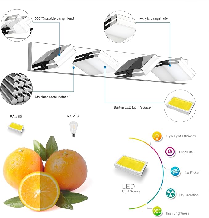 SineRise LED Modern Bathroom Vanity Light Fixtures (4-Light, 30-Inch), Chrome Modern Acrylic Bathroom Wall Lighting Fixtures Over Mirror (Cool White 6000K)