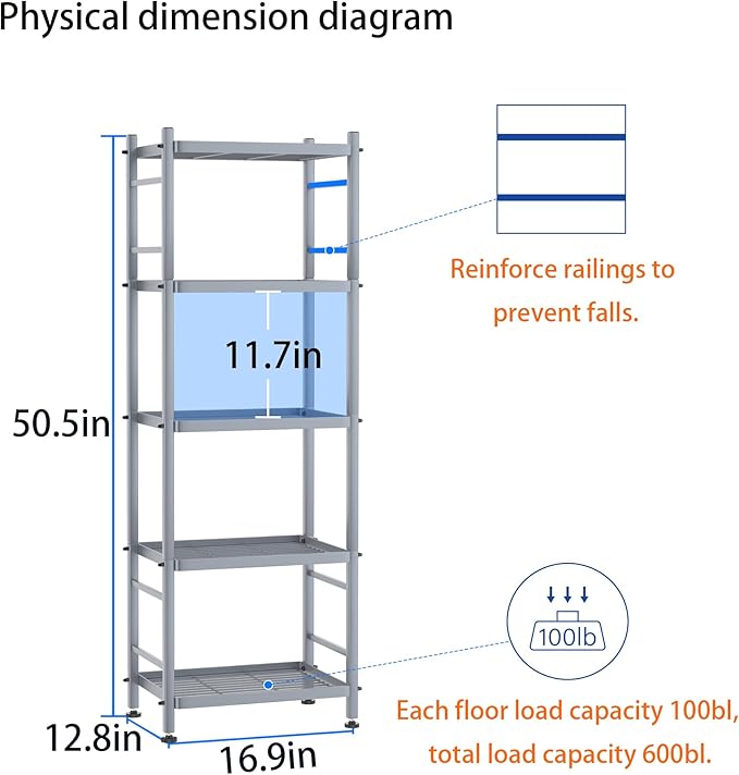 5-Wire Shelving Metal Storage Rack Shelves, Standing Storage Shelf Units for Laundry Bathroom Kitchen Pantry Closet(Silver,16.9L x 12.8W x 50.5H)