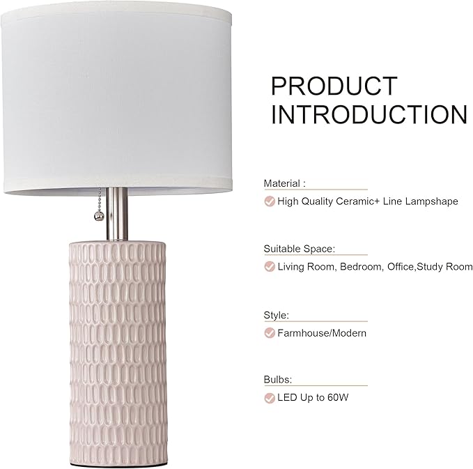 Table Lamps for Living Room Set of 2, Ceramic Table Lamps for Bedroom, 20" Modern Lamps for Night Stands, Pink