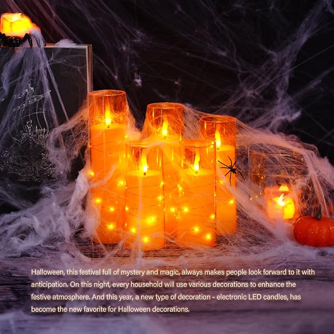 Flameless LED Candles with Timer 5 Pc Flickering Flameless Candles for Romantic Ambiance and Home Decoration Stable Acrylic Shell,with Embedded Star String，Battery Operated Candles（Orange）