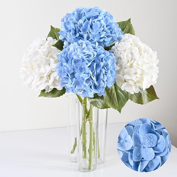 Artflower 4Pcs Real Touch Hydrangea Artificial Flowers, 22.5'' White & Blue Faux Full Latex Hydrangea Flowers for Home Floral Arrangements Wedding Bouquets Kitchen Table Centerpiece Decorations