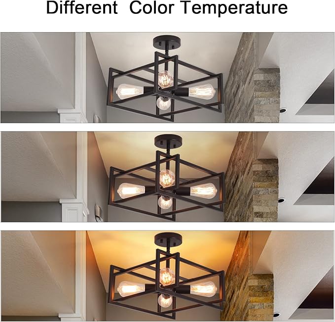 Metal Semi Flush Mount Ceiling Light Fixture, 4-Light Black Industrial Ceiling Lamp Rustic Vintage Farmhouse Lighting Chandelier Light for Kitchen Island Hallway Dining Room