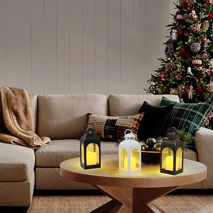 Decor Modern Farmhouse Lantern Decor Set of 4, Black Metal Small Candle Lanterns, Wooden Lanterns Decorative w/Timer & Remote-Controlled Flickering Candles for Home, Indoor, Table (Black&glod)