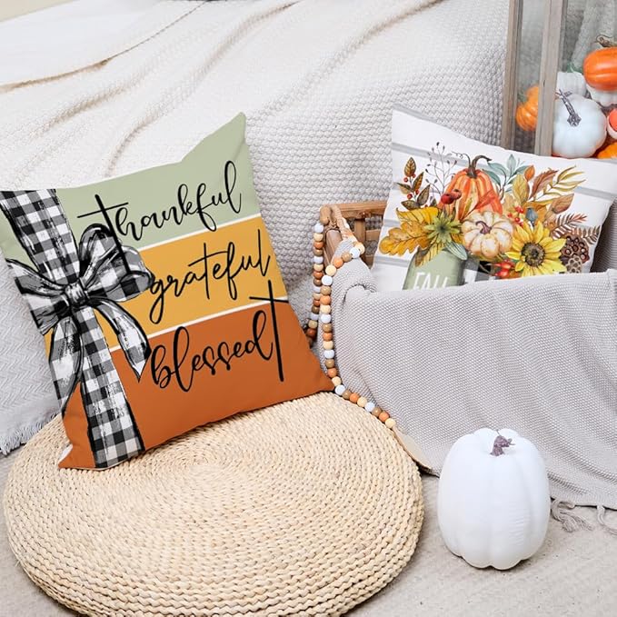 AACORS Fall Pillow Covers 18 x 18 Inch Set of 4, Pumpkin Home Sweet Home Thankful Grateful Blessed Harvest Floral Decorations Autumn Seasonal Pillow Case Decor for Sofa Couch AA556-18