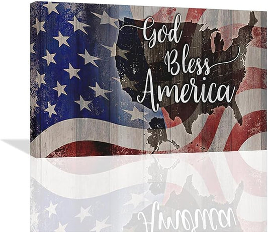 Large American Flag and USA Map Wall Art Rustic United States Map Pictures Wall Decor God Bless America Canvas Painting Print Home Decor Artwork Framed for Living Room Bathroom Master Bedroom 24"x16"